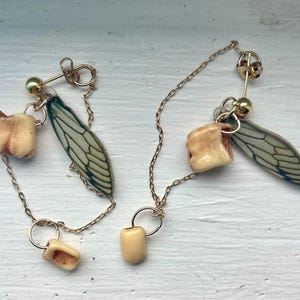 Può includere: Orecchini unici con un dente e un delicato design ad ala di insetto. Gli orecchini sono collegati da una catena d'oro e hanno un perno d'oro. Il dente è di colore beige chiaro e l'ala è verde pallido con accenti blu.