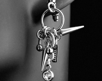 Spike Crystal Stainless Steel Chain Earrings - Dangle Handmade Alternative Gothic Industrial Jewelry Renaissance Faire