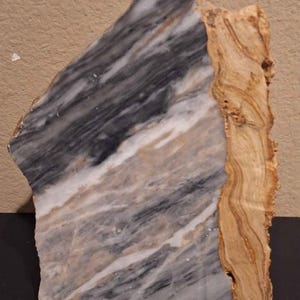 May include: A natural stone slab with a striking contrast of colors and textures. The left side features a polished surface with gray, white, and tan veining. The right side displays a rough, textured, and light brown wood-like grain. The stone is cut into an irregular shape.