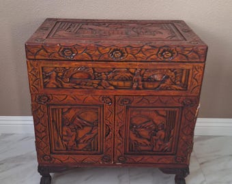 Yong Jun Mu Ye Brand Wood Nightstand Two Door with Chinese Carvings - Damaged Door