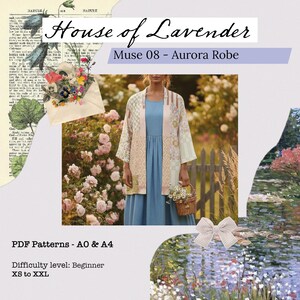 May include: A woman wearing a light blue dress and a patterned robe, holding a basket of flowers. The image includes the text "House of Lavender" and "Muse 08 - Aurora Robe". The difficulty level is beginner, and the sizes range from XS to XXL.