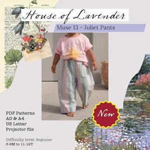 May include: A child in a pink t-shirt with a sun design and striped trousers. The trousers feature pink and green vertical stripes. The image includes text: "House of Lavender" and "Muse 13 - Juliet Pants".