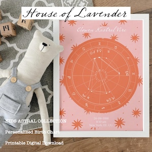 May include: A framed pink and orange birth chart with the text "House of Lavender" and "Kids Astral Collection". The chart includes astrological symbols and the name "Elowen Kestrel Vire". A stuffed bear toy is in the image.