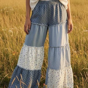Boho Wide Leg Pants Sewing Pattern PDF, Tiered Design, Elastic Waist, Beginner Friendly