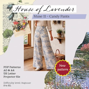 Puede incluir: Pantalones de pernera ancha con estampado toile de Jouy azul y blanco. Los pantalones son de cintura alta. La imagen incluye el texto "House of Lavender" y "Muse 11 - Candy Pants". Dificultad: Principiante, tallas S a XL.
