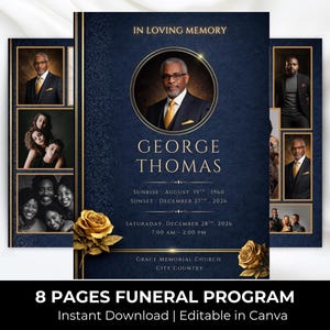 Blue & Gold Funeral Program Template: 8-Page Memorial (Canva, Digital Download)
