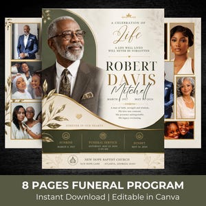 May include: An eight-page funeral program template featuring a portrait of an older man in a suit, gold leaf accents, and cream and dark green color scheme. Text includes A CELEBRATION OF LIFE, ROBERT DAVIS MITCHELL, and event details.