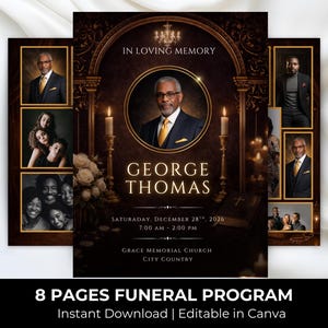 Könnte beinhalten: Ein Trauerprogramm mit einem dunkelbraunen und goldenen Design. Das Programm zeigt ein Porträt eines Mannes im Anzug, den Text "IN LOVING MEMORY" und "GEORGE THOMAS". Das Programm enthält auch Familienfotos und Veranstaltungsdetails.