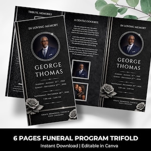 May include: A black trifold funeral programme featuring a damask pattern, silver accents, and rose illustrations. The text includes "In Loving Memory," "George Thomas," birth and death dates, service details, and a poem titled "A Gentle Goodbye."