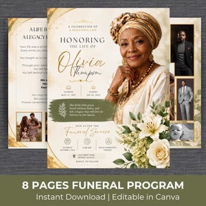 May include: An eight-page funeral program template featuring a cream and gold color scheme with floral accents. The design includes a portrait of an older person wearing a headwrap, text fields for names and dates, and photo placeholders.