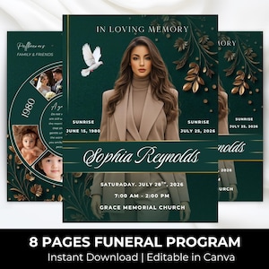 Green & Gold Funeral Program Template: 8-Page Memorial (Canva, Digital Download)