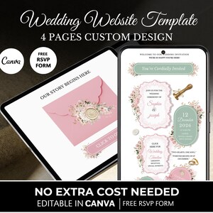 Wedding Website Template Pink Green Floral : Editable Canva Design (Digital Download) SW001