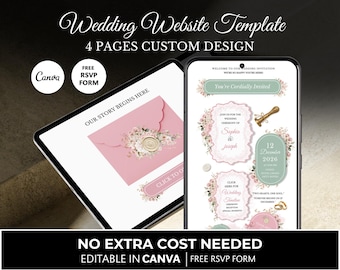 Pink Green Floral Wedding Website Template: Editable Canva Design (Digital Download) SW001