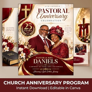 May include: A church pastoral anniversary celebration program template featuring a couple in formal burgundy attire. The design includes gold accents, a cross, floral arrangements, and text reading Pastor & Mrs. Daniels, 25 Years, and A Journey of Faith, Love and Service.