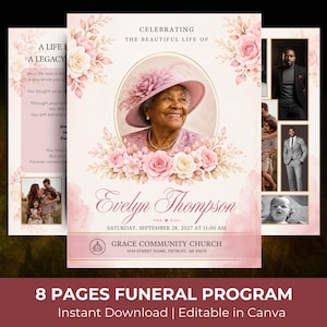 May include: An eight-page funeral program template featuring a soft pink floral design with watercolor roses. The cover displays a portrait of an elderly person in a pink hat, the name Evelyn Thompson, and the text Grace Community Church, Detroit, MI.
