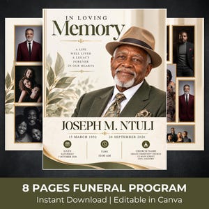 May include: An 8-page funeral program template featuring a portrait of an older man in a hat and suit. Text includes IN LOVING MEMORY, JOSEPH M. NTULI, dates, and event details. The design uses cream, gold, and dark green accents with leaf motifs.