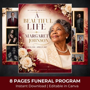 May include: An 8-page funeral program template featuring a portrait of an elderly woman, floral accents in cream and deep red, and the text IN LOVING MEMORY A BEAUTIFUL LIFE MARGARET JOHNSON JUNE 14, 1942 – APRIL 27, 2027 FOREVER IN OUR HEARTS.