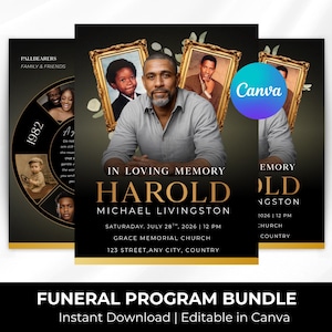 Könnte beinhalten: Ein Trauerprogramm-Bundle mit einem schwarz-goldenen Design. Das Programm zeigt ein Foto eines Mannes, den Text "In Loving Memory" und Veranstaltungsdetails. Das Canva-Logo ist sichtbar. Die Wörter "Funeral Program Bundle" und "Instant Download" sind ebenfalls vorhanden.