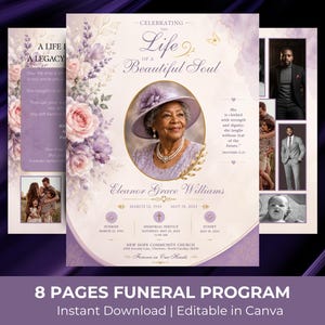 May include: An eight-page funeral program template featuring a light purple and cream color scheme with floral accents. The cover displays a portrait of a person in a hat, the text Celebrating the Life of a Beautiful Soul, and memorial details.