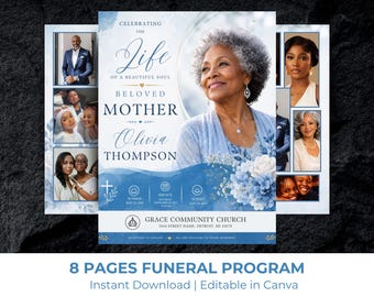 Blue Roses Funeral Program Template: 8-Page Memorial (Canva, Digital Download)