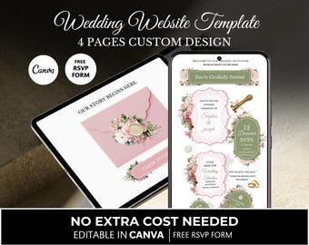 Floral Wedding Website Template, Green & Pink Botanical Design (Digital)