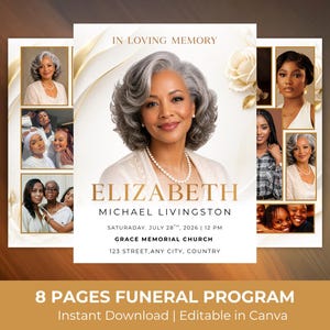 May include: A funeral program template with a central portrait of a woman with gray hair and a pearl necklace. The design includes gold accents, floral elements, and the text "In Loving Memory" and "Elizabeth Michael Livingston". The program is 8 pages.