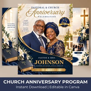 Puede incluir: Una plantilla de programa de aniversario de iglesia con una pareja en traje formal, un emblema de 25 aniversario y una Santa Biblia. El texto dice Pastoral & Church Anniversary Celebration, Pastor & Mrs. Johnson, A Journey of Faith, Love & Service.