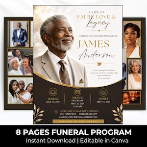 Könnte beinhalten: Eine 8-seitige Trauerprogramm-Vorlage mit einem Porträt von James Anderson, goldenem Text A Life of Faith, Love & Legacy, sowie Abschnitten für Service-Details, Geburts- und Sterbedaten und mehreren Fotoplatzhaltern auf dunklem Hintergrund.
