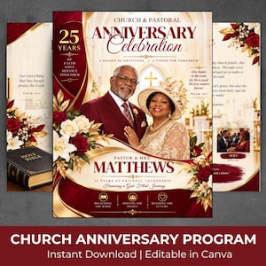 May include: A church anniversary program template featuring a maroon and gold color scheme. The design includes text reading Church & Pastoral Anniversary Celebration, 25 Years, and Pastor & Mrs. Matthews, alongside floral accents and a photo of a couple.