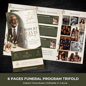 May include: A six-page trifold funeral program featuring a portrait of Robert Davis Mitchell, gold leaf accents, and a dark green color scheme. The layout includes sections for tributes, memories, and event details for the New Hope Baptist Church.
