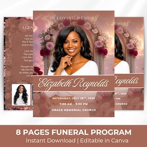 Puede incluir: Diseño de programa fúnebre con un retrato de mujer, rodeado de arreglos florales. El programa incluye el texto "In Loving Memory" y detalles del servicio con el nombre Elizabeth Reynolds. El texto inferior dice "8 Pages Funeral Program".
