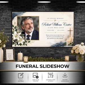 Może przedstawiać: Prostokątna tablica pamiątkowa z portretem mężczyzny, białymi liliami oraz tekstem IN LOVING MEMORY, Robert William Carter, A LIFE WELL LIVED, 14.09.1962 - 22.11.2024, wraz z cytatem o miłości i życzliwości.