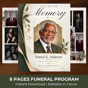 May include: An 8-page funeral program template featuring a central portrait of Samuel K. Anderson, with the text In Loving Memory of, dates March 3, 1942 - May 16, 2027, and Psalm 23:1. The design includes dark green and gold accents.