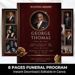 May include: A funeral program with a burgundy cover and gold accents. The program features a portrait of a man in a suit, family photos, and details about the memorial service. Text includes "In Loving Memory" and "George Thomas."