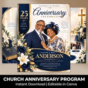 Puede incluir: Una plantilla de programa para aniversario de iglesia con un esquema de color azul marino y dorado. El diseño incluye una fotografía de una pareja, detalles florales con lirios blancos y rosas azul oscuro, y el texto Pastoral & Church Anniversary Celebration.