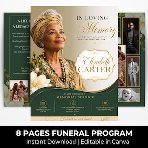 May include: An eight-page funeral program template featuring a portrait of an older person in a gold headwrap, floral accents, and gold text reading In Loving Memory, Elizabeth Carter. The design includes dark green panels and photo placeholders.