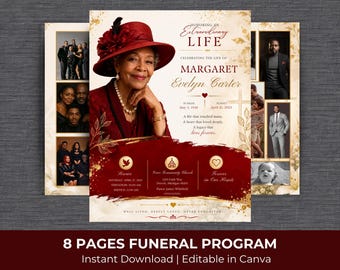 May include: An eight-page funeral program template featuring a portrait of a person in a red hat and jacket. The design includes gold leaf accents, a deep red brushstroke background, and text fields for memorial details, dates, and service information.