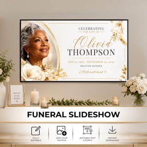 Może przedstawiać: Szablon pokazu slajdów pogrzebowych z portretem kobiety, złotymi akcentami kwiatowymi i tekstem: CELEBRATING THE LIFE OF Olivia THOMPSON MAY 15, 1985 – SEPTEMBER 20, 2024 BELOVED MOTHER A life well lived. Zawiera ikony do edycji.