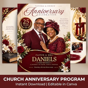 Puede incluir: Una plantilla de programa de aniversario de iglesia con tonos granates y dorados. El diseño incluye la foto de una pareja, un emblema de 25 años, detalles florales, una cruz y el texto Pastoral & Church Anniversary Celebration.