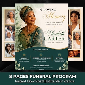 Könnte beinhalten: Eine 8-seitige Trauerprogramm-Vorlage mit dem Porträt einer älteren Frau in einem grünen gemusterten Oberteil und Kopftuch. Das Design enthält den Text IN LOVING MEMORY, Elizabeth Carter, Daten und Details zum Gottesdienst in der Grace Community Church.