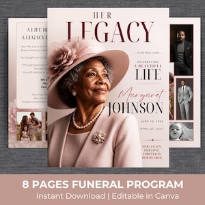 Peut inclure: Un programme funéraire de huit pages avec le portrait d'une personne âgée portant un chapeau rose, une veste assortie et un collier de perles. Le texte indique Her Legacy, Celebrating a Beautiful Life, Margaret Johnson, June 14, 1942, April 27, 2027, et Her legacy, her love, forever in our hearts.