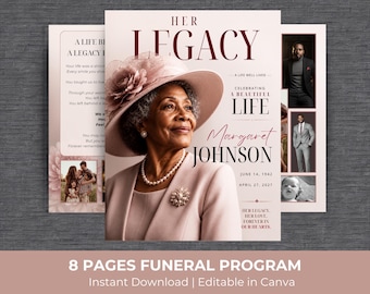 May include: An eight-page funeral program template featuring a portrait of an older person wearing a pink hat and matching jacket with a pearl necklace. The text reads Her Legacy, Celebrating a Beautiful Life, Margaret Johnson, June 14, 1942, April 27, 2027, and Her legacy, her love, forever in our hearts.