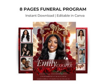 Red Roses Funeral Program Template, Editable Memorial (Digital Download)