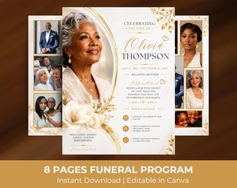 White & Gold Funeral Program Template: 8-Page Memorial (Canva, Digital Download)