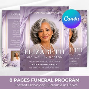 May include: Funeral program template with a portrait of a woman with gray hair, pearl necklace, and a white top. The design includes lavender and white floral accents, with text that reads "In Loving Memory" and "Elizabeth". The Canva logo is visible.