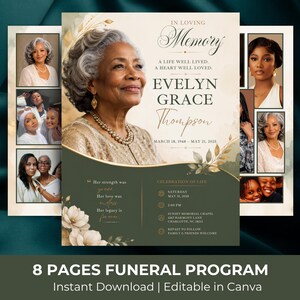 May include: An 8-page funeral program template featuring a portrait of an older woman, gold floral accents, and dark green panels. The text reads In Loving Memory, Evelyn Grace Thompson, March 18, 1948 - May 21, 2025, and Celebration of Life details.