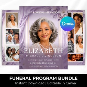 May include: A funeral program template featuring a portrait of a woman with gray hair, purple satin drapes, and floral accents. Text includes IN LOVING MEMORY, ELIZABETH MICHAEL LIVINGSTON, SATURDAY, JULY 28TH, 2026, 12 PM, GRACE MEMORIAL CHURCH, 123 STREET, ANY CITY, COUNTRY.
