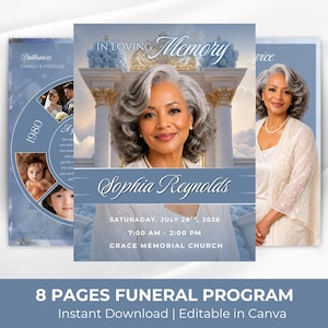 Pode incluir: Design do programa fúnebre com um retrato de uma mulher com cabelo grisalho, o texto "In Loving Memory" e "Sophia Reynolds". O programa inclui detalhes para um serviço memorial, com o texto "8 Pages Funeral Program" e "Instant Download | Editable in Canva".