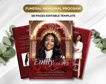 Red Roses Funeral Program Template, Editable Bifold Memorial Service (Digital Download)