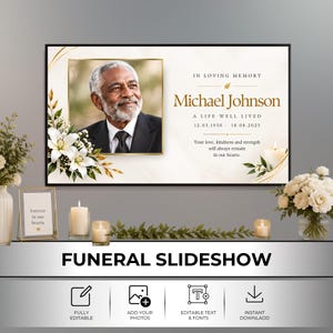 Może przedstawiać: Cyfrowy szablon pokazu slajdów pogrzebowych z portretem starszego mężczyzny, białymi liliami i złotymi akcentami. Tekst brzmi: IN LOVING MEMORY, Michael Johnson, A LIFE WELL LIVED, 12.03.1950 - 18.08.2025, oraz Your love, kindness and strength will always remain in our hearts.